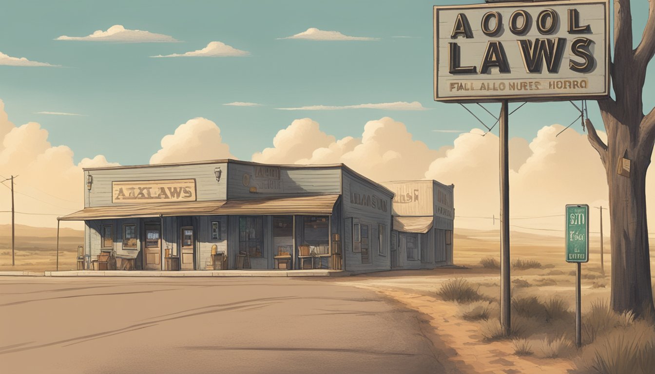 A dusty Texas road winds past a small town with a lone liquor store and a faded sign displaying alcohol laws