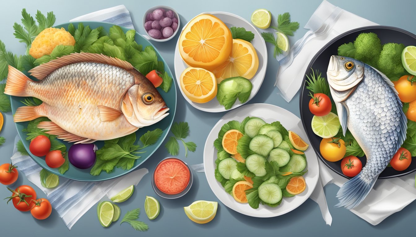 A table with two plates, one with frozen tilapia and the other with fresh tilapia. Each plate is surrounded by various vegetables and fruits