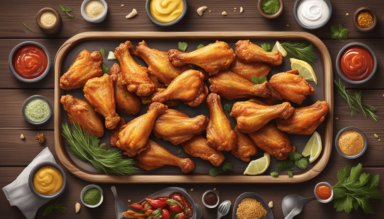 A platter of fresh and frozen chicken wings on a rustic wooden table, surrounded by various condiments and seasonings