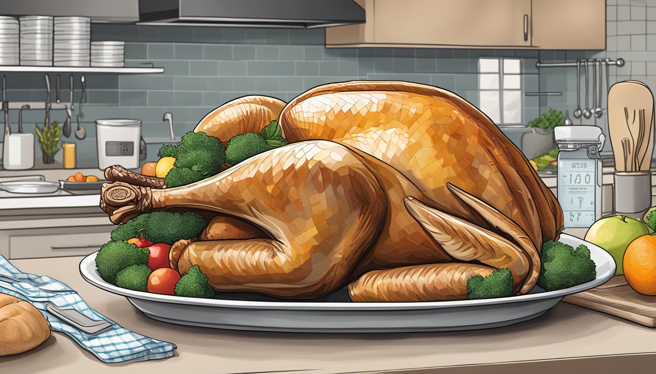 A frozen turkey sits next to a fresh turkey on a kitchen counter, surrounded by various food safety guidelines and temperature monitoring tools