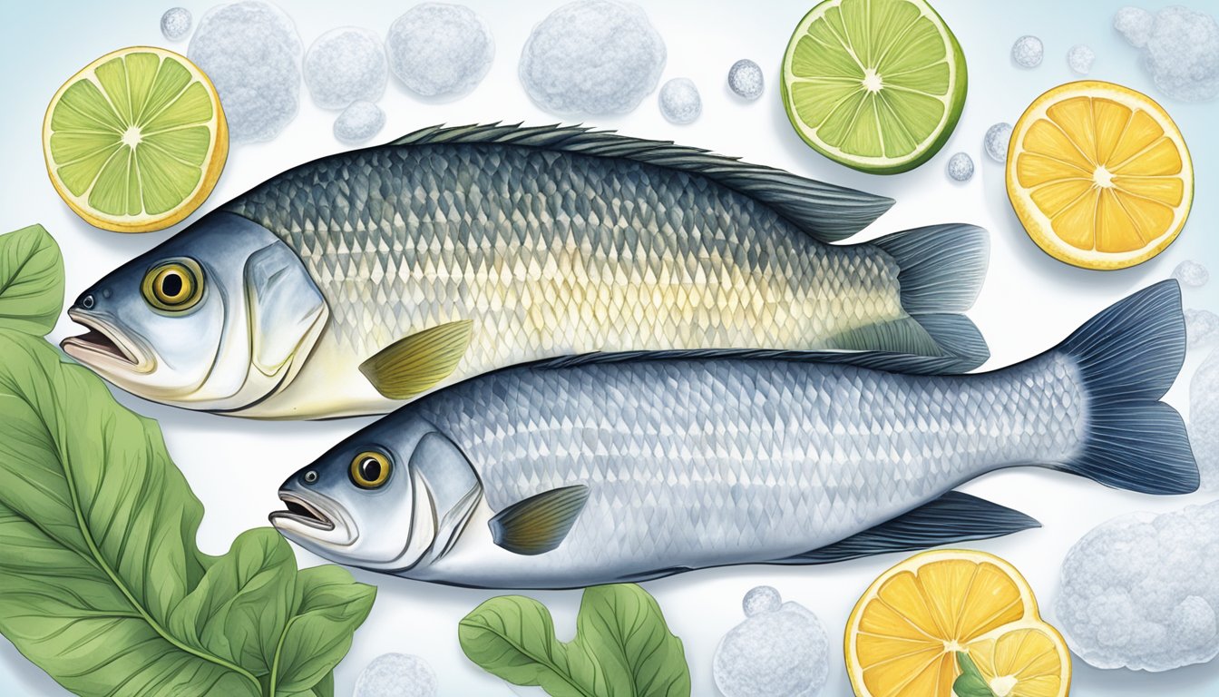 A side-by-side comparison of a fresh tilapia and a frozen tilapia, with a focus on their quality and shelf life