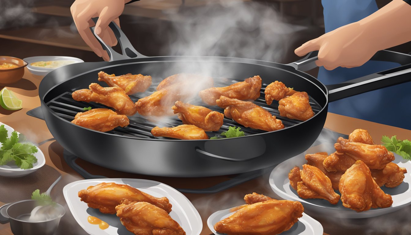 A chef tosses fresh and frozen chicken wings in a sizzling skillet, steam rising as they cook. A platter of finished wings sits nearby, ready for tasting