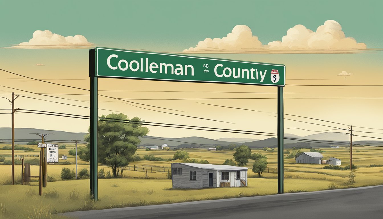 A rural landscape with a small town in the background, featuring a sign displaying alcohol regulations for Coleman County, Texas