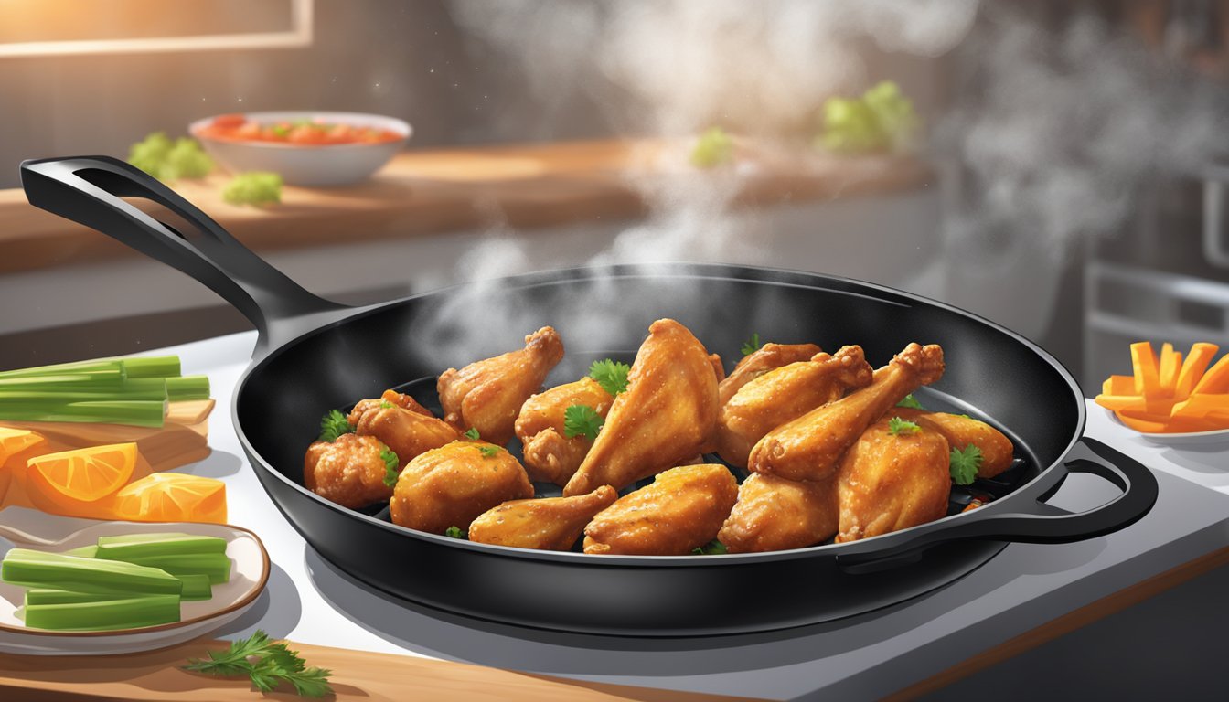 A sizzling skillet holds both frozen and fresh chicken wings, ready to be cooked, with steam rising and a tantalizing aroma filling the air