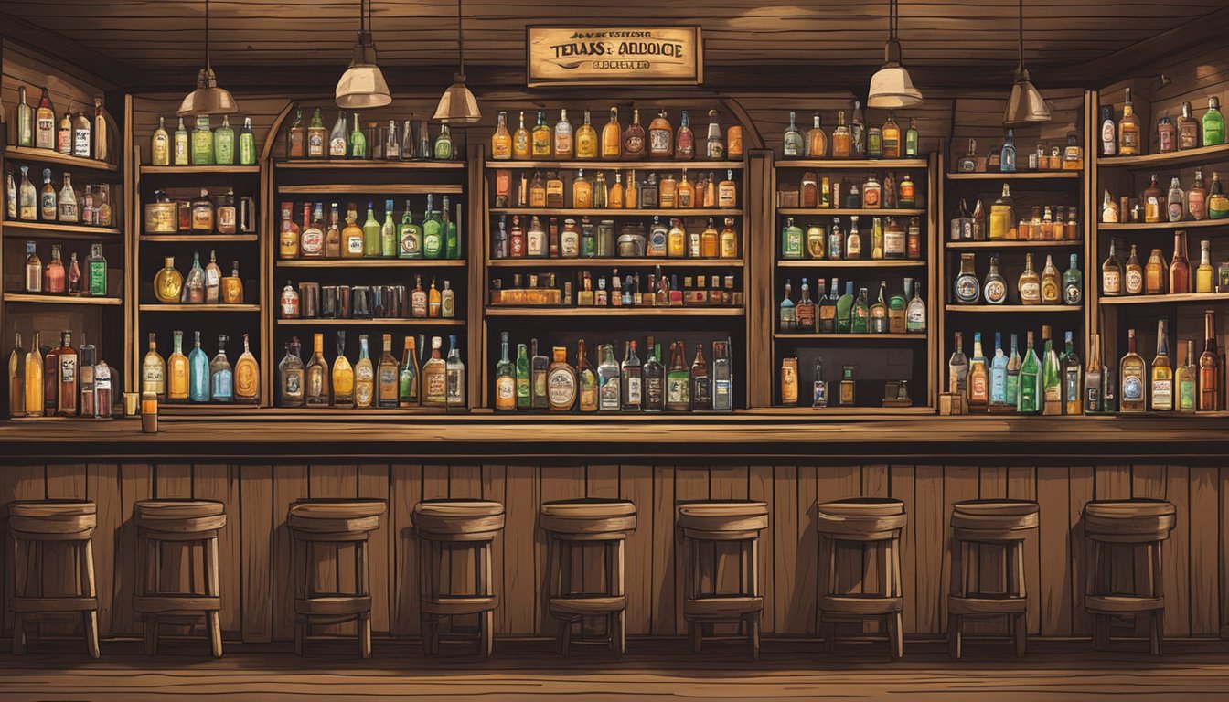 A rustic bar in Brown County, Texas, with shelves of alcoholic beverages and signage displaying the Texas Alcoholic Beverage Code Compliance laws