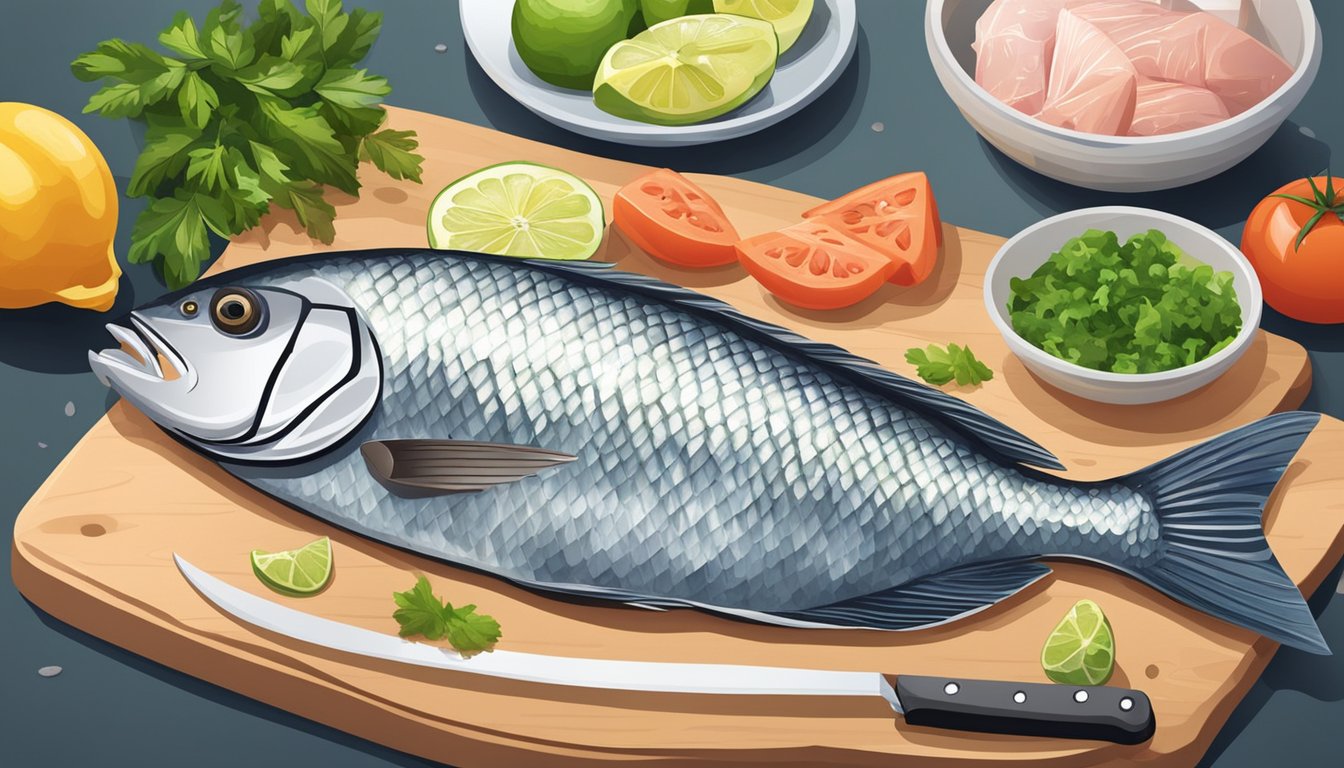 A kitchen counter with fresh and frozen tilapia, a cutting board, knife, and various cooking ingredients