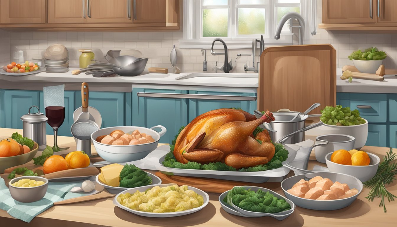 A frozen and a fresh turkey sitting side by side on a kitchen counter, with various cooking utensils and ingredients scattered around