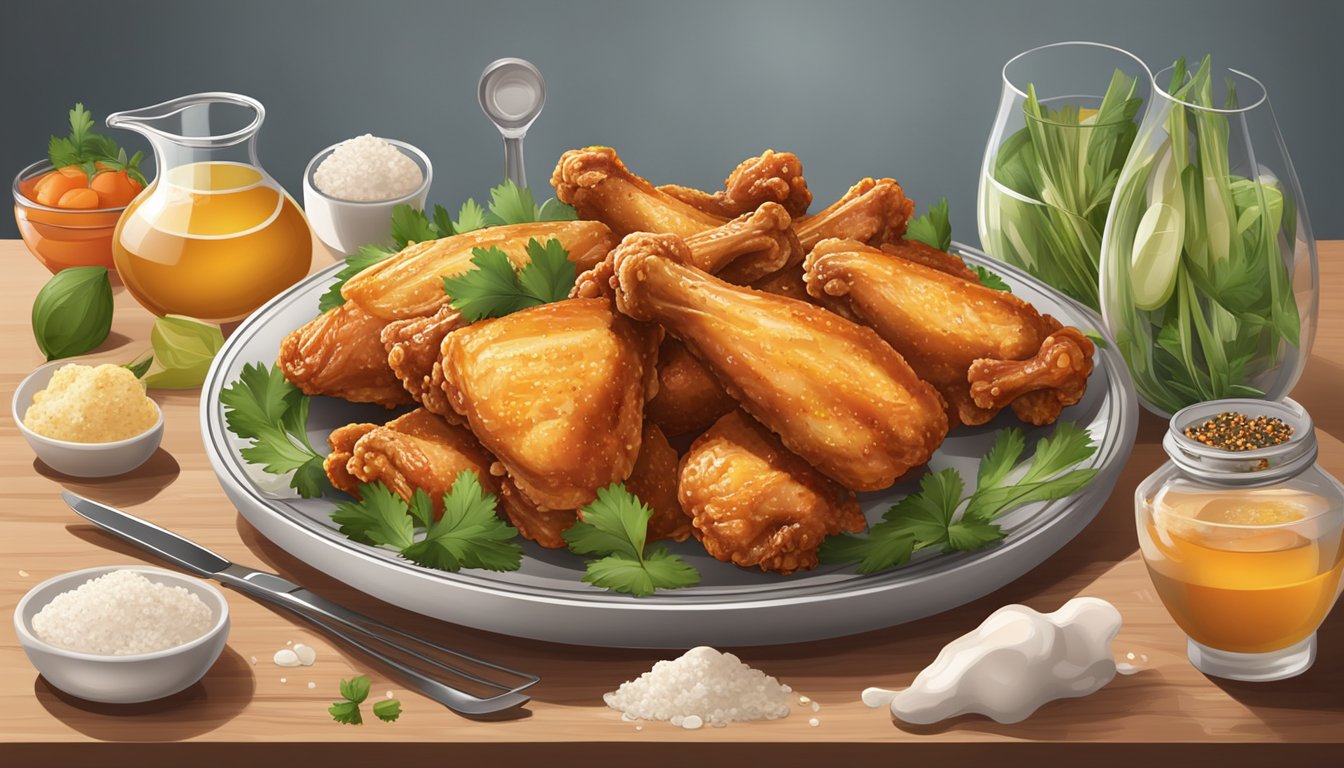 A plate of fresh and frozen chicken wings, surrounded by ingredients and utensils