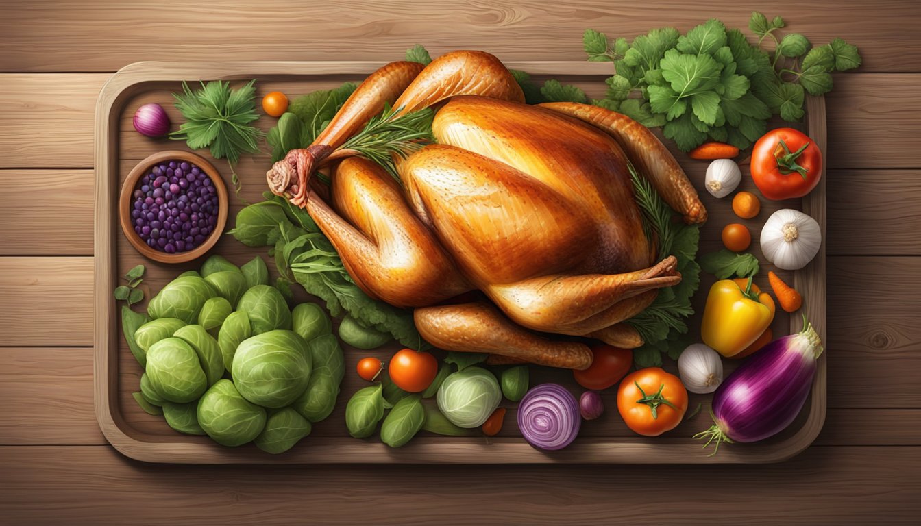 A fresh turkey sits on a rustic wooden table, surrounded by vibrant vegetables and herbs. A freezer door is slightly ajar, revealing a frozen turkey inside