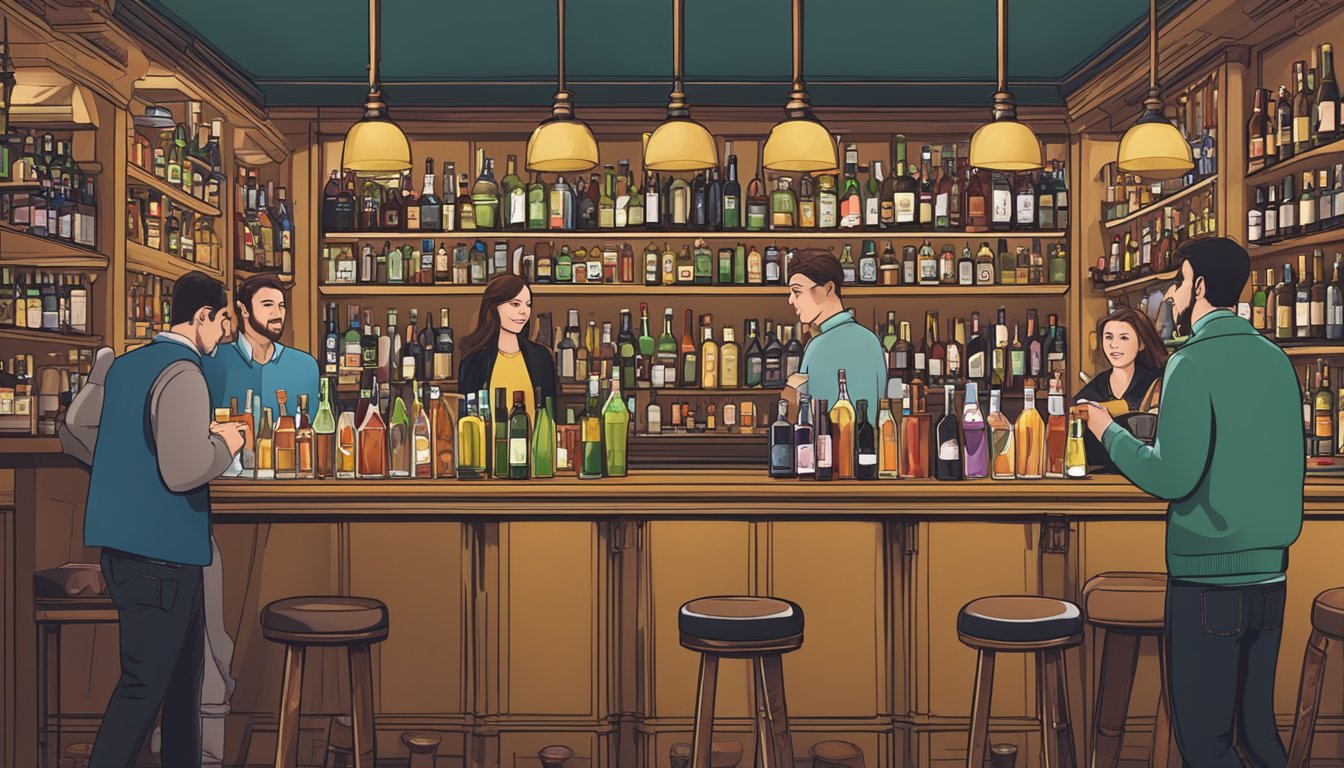 A bustling bar scene with shelves of various alcoholic beverages and customers enjoying drinks