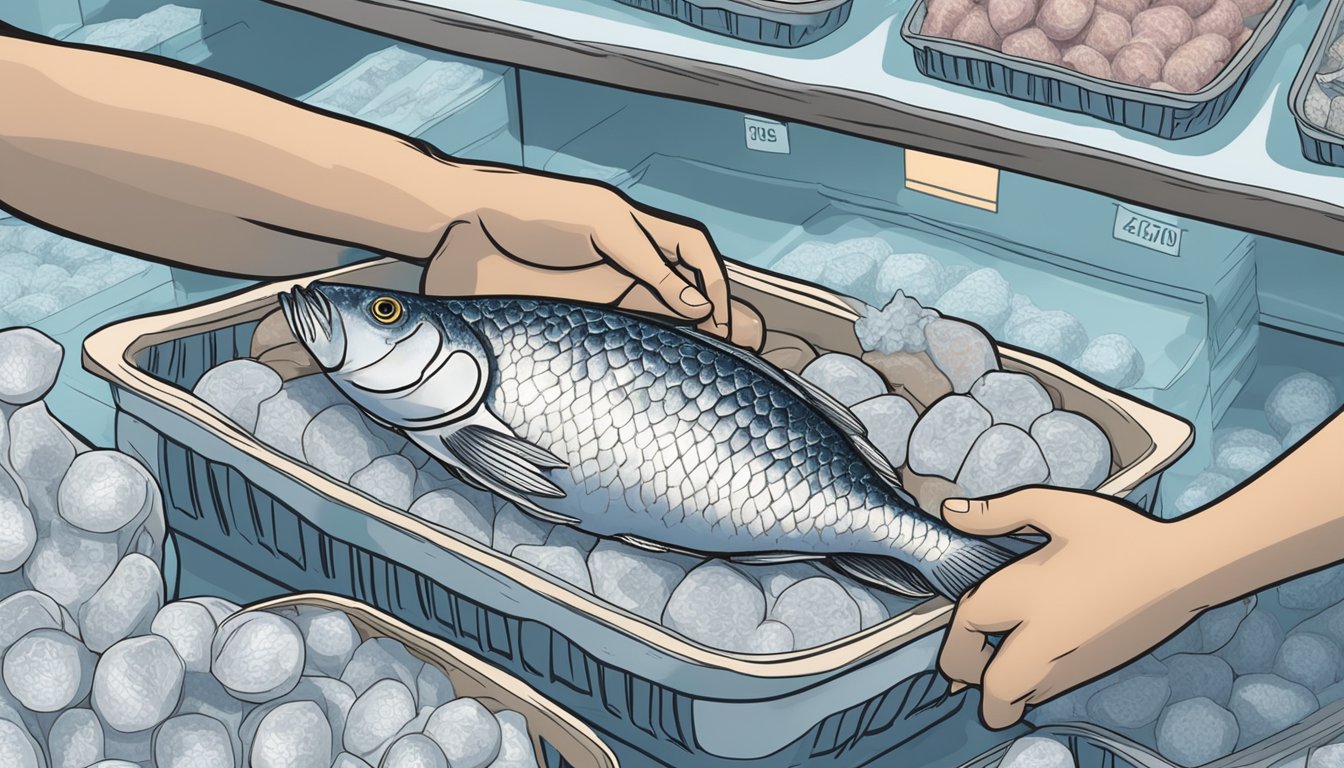 A hand reaching for a frozen tilapia package next to a pile of fresh tilapia on ice at a grocery store display