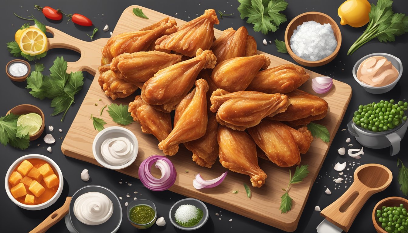 A pile of frozen and fresh chicken wings on a cutting board, surrounded by various cooking utensils and ingredients