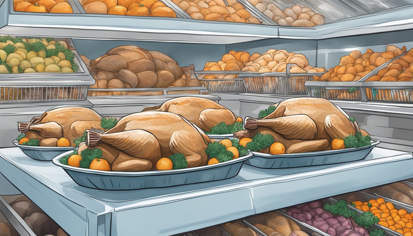 A frozen turkey sits in a grocery store freezer next to a display of fresh turkeys. The frozen turkey is surrounded by frost, while the fresh turkeys are displayed on a bed of ice