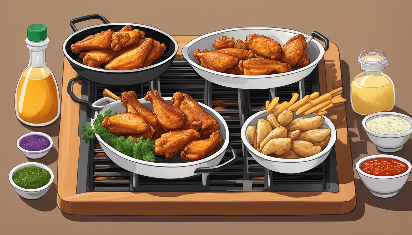 A platter of fresh and frozen chicken wings sizzling on a grill, surrounded by various seasonings and sauces