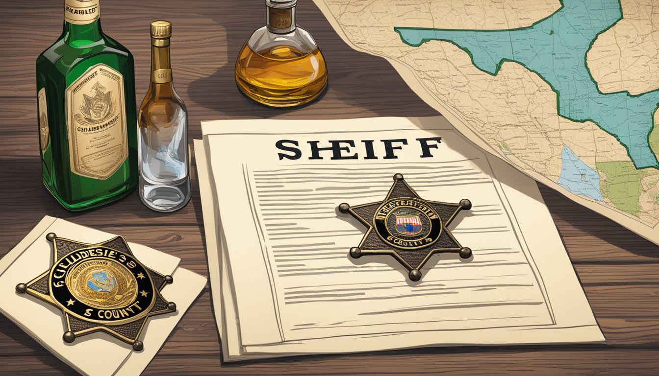 A sheriff's badge and a bottle of alcohol on a table, surrounded by legal documents and a map of Childress County, Texas