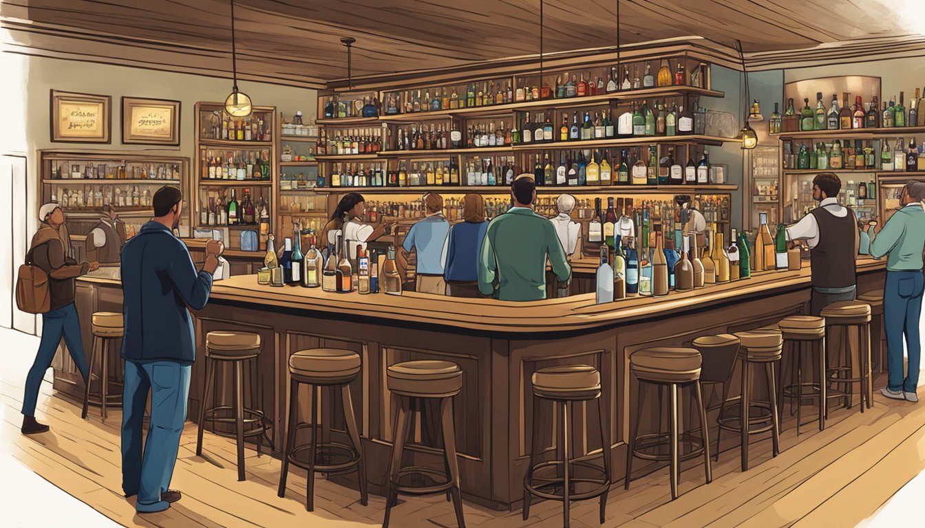 A bustling bar with patrons enjoying drinks, shelves stocked with various alcoholic beverages, and a bartender serving customers