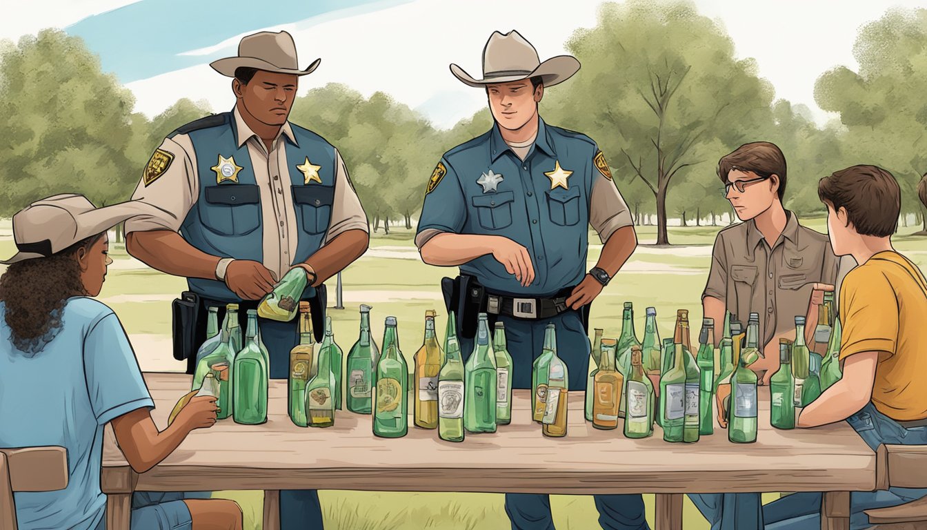 A sheriff confiscating alcohol bottles from a group of teenagers at a local park in Brown County, Texas