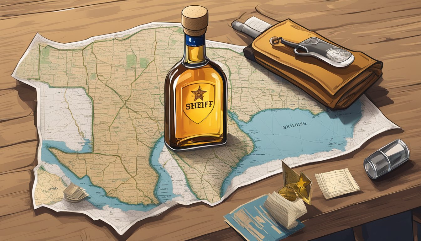 A sheriff's badge and a bottle of alcohol sit on a table, surrounded by legal documents and a map of Childress County, Texas