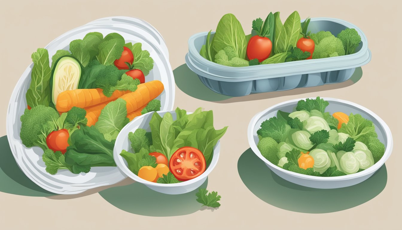 A table with two plates of vegetables, one frozen and one fresh, surrounded by greenery and eco-friendly packaging