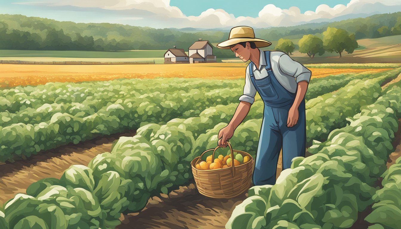 A farmer picking ripe produce from the field, with a sign reading "Fresh, Never Frozen" displayed prominently