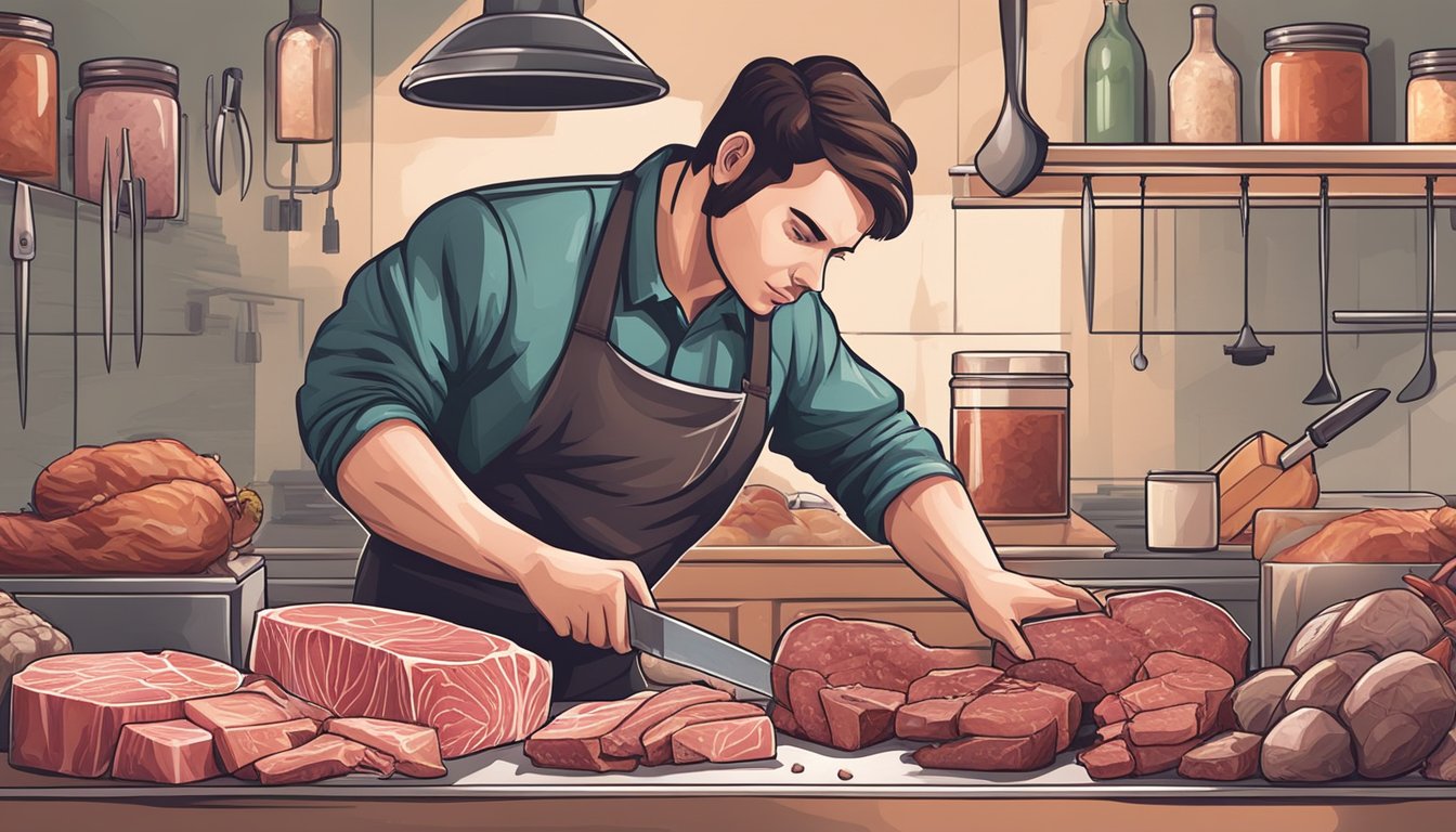 A butcher slicing a fresh, unthawed piece of meat with a sharp knife, surrounded by various cuts of meat and packaging materials