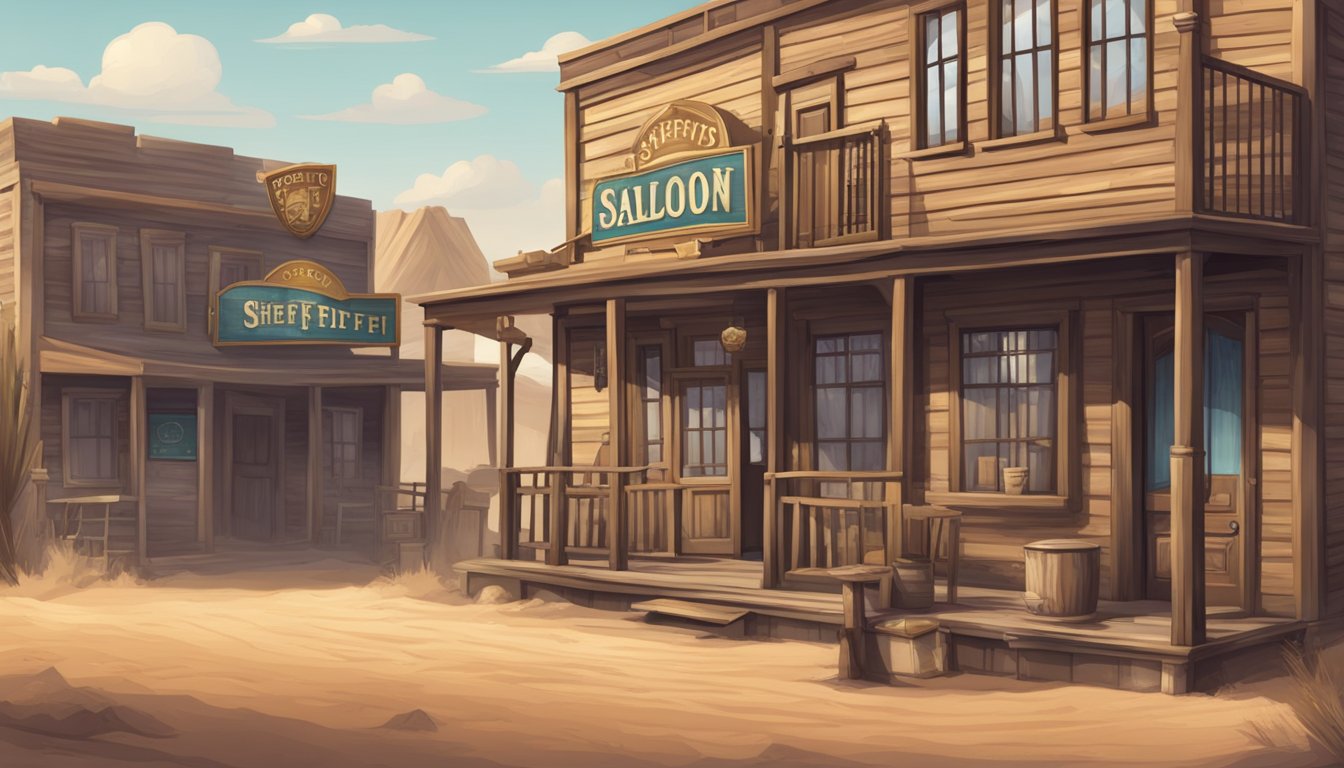 A dusty western town with a saloon sign and a sheriff's badge on the door