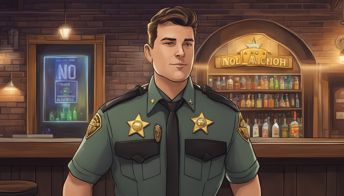 A sheriff's badge pinned to a uniformed officer's chest, standing in front of a "No Alcohol" sign outside a bar