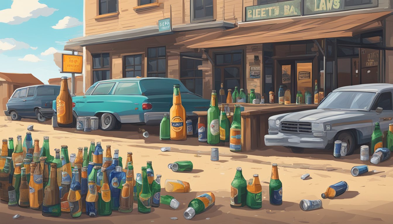 Vehicles parked outside a Texas bar, with beer bottles and cans littering the ground. A sign with alcohol laws posted on the wall