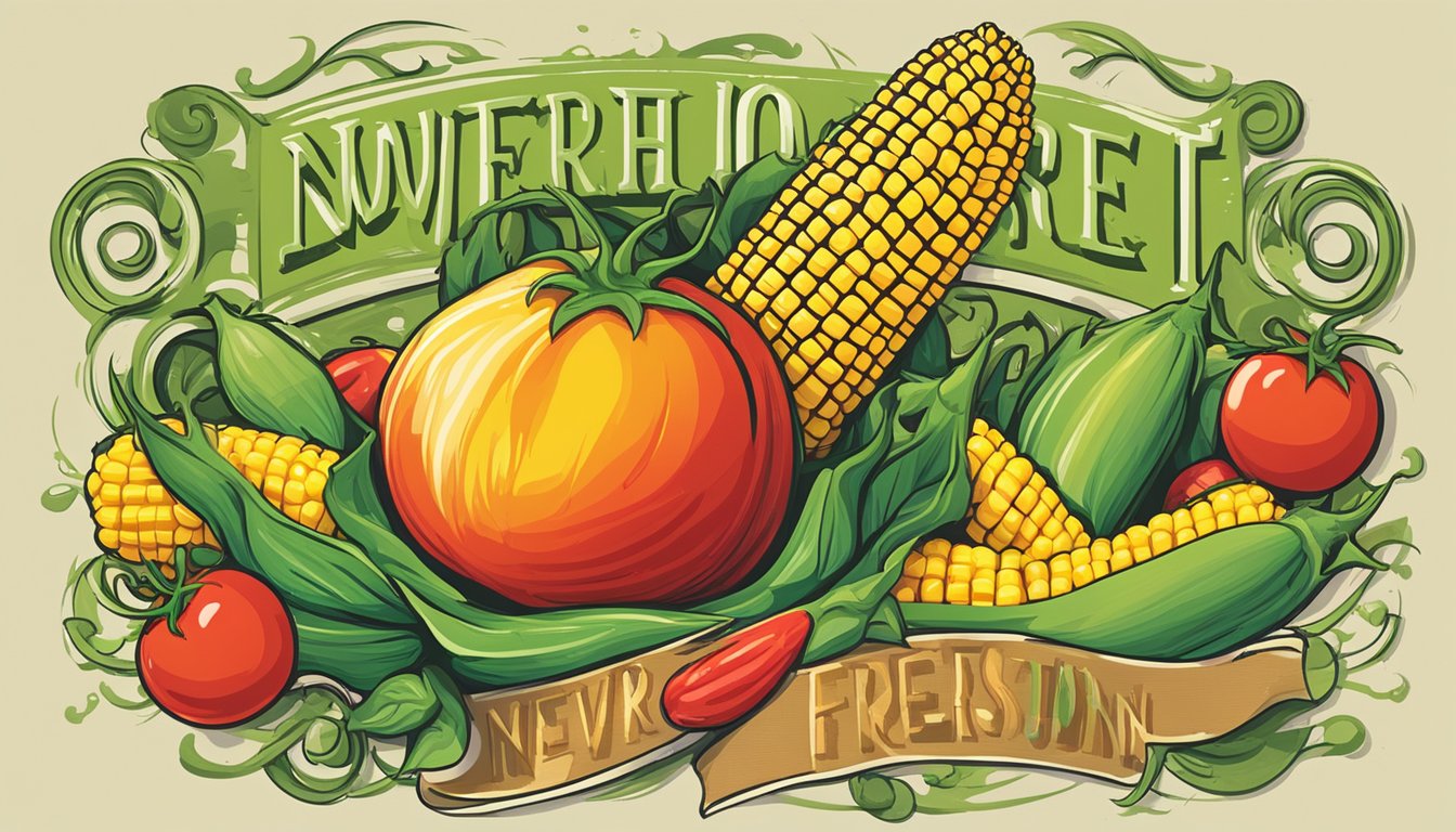 A bright, green label with a juicy, red tomato and a vibrant, yellow ear of corn, surrounded by swirling text and a bold "Fresh Never Frozen" stamp