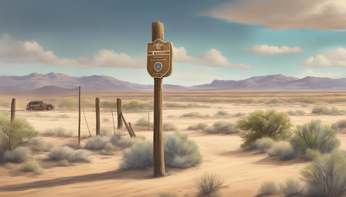 A dusty desert landscape with a sheriff's badge on a wooden post and a "no alcohol" sign outside a small town in Brewster County, Texas