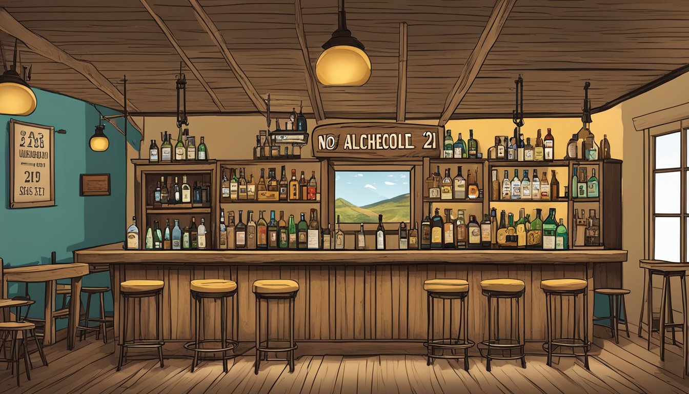 A rustic bar with a "no alcohol under 21" sign in Brewster County, Texas. Visible liquor license and state alcohol laws posted