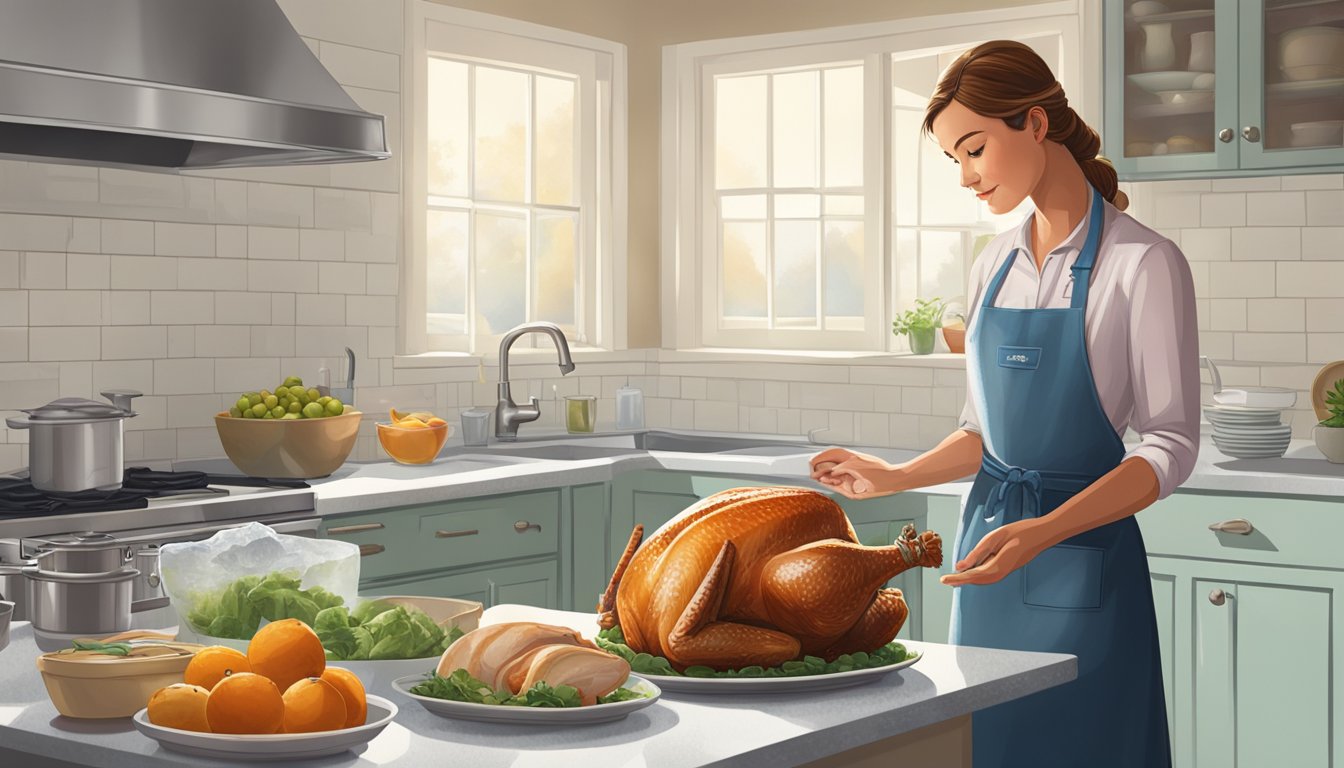 A person comparing a large, plump fresh turkey to a smaller, icy frozen turkey in a well-lit, spacious kitchen