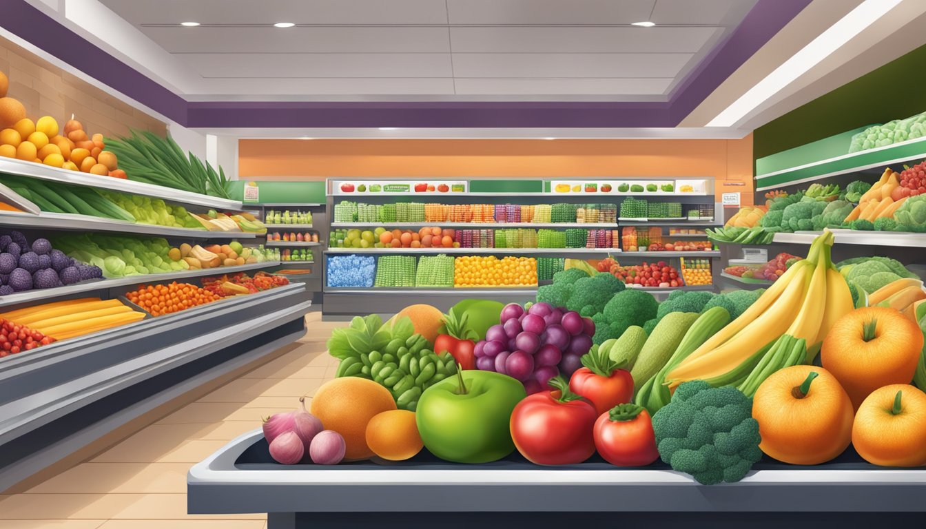 A vibrant, colorful grocery store display of fruits and vegetables with a prominent sign reading "Fresh, Never Frozen" amidst various food products