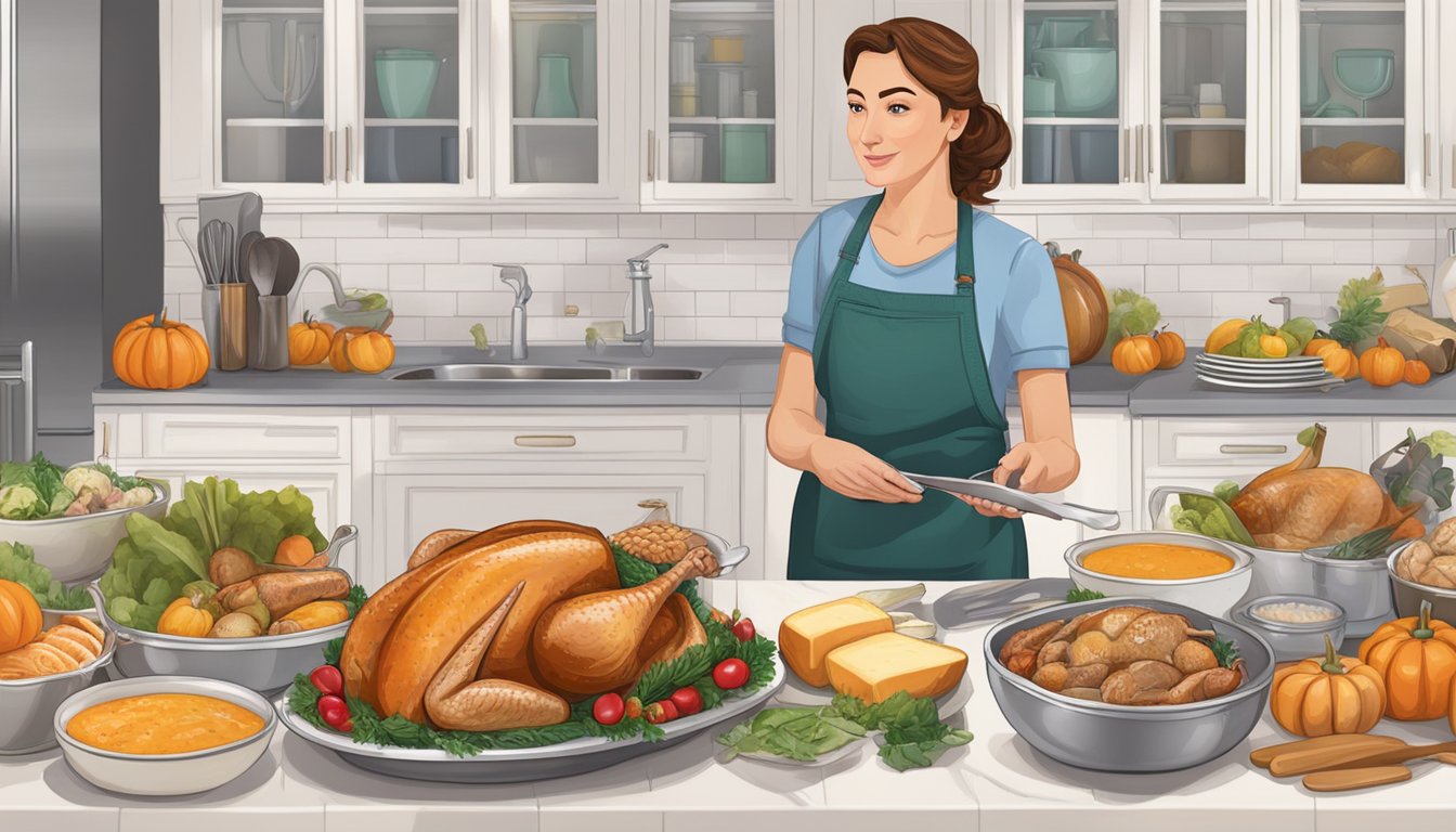 A person comparing a frozen and fresh turkey, surrounded by various cooking utensils and ingredients for Thanksgiving feast preparation