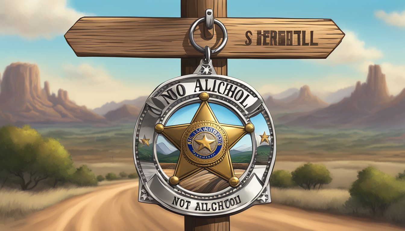 A sheriff's badge pinned to a wooden post, overlooking a dusty road. A "No Alcohol" sign stands nearby, with a backdrop of rolling Texas hills