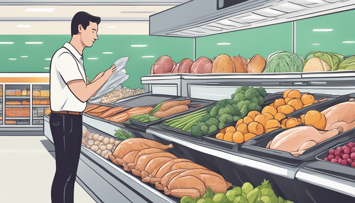 A person comparing a frozen and fresh turkey at a grocery store, surrounded by various options and weighing the pros and cons