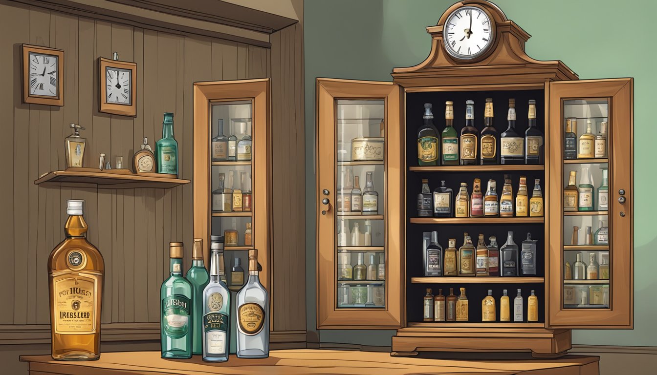 A clock with restricted hours next to a locked liquor cabinet