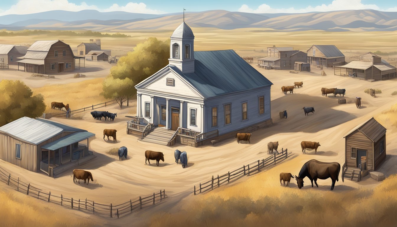 A dusty, rural town with a courthouse and saloon, surrounded by dry fields and cattle ranches