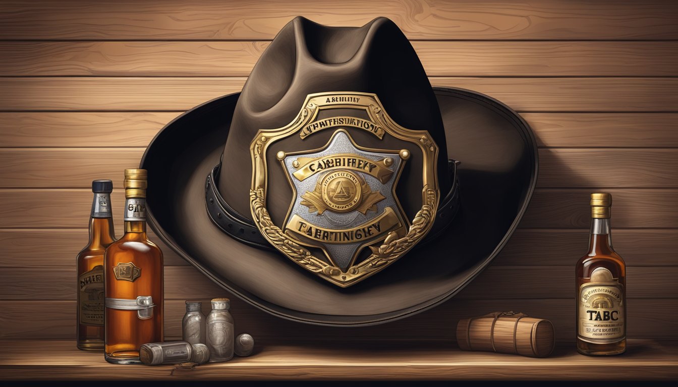 A sheriff's badge pinned to a cowboy hat, a bottle of whiskey, and a TABC certification displayed on a saloon wall