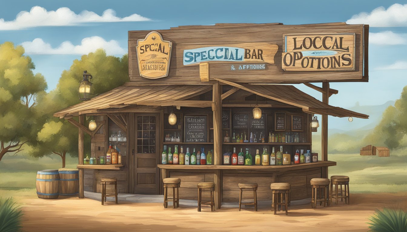 A rustic bar with a "Special Provisions and Local Options" sign, surrounded by the Texas countryside