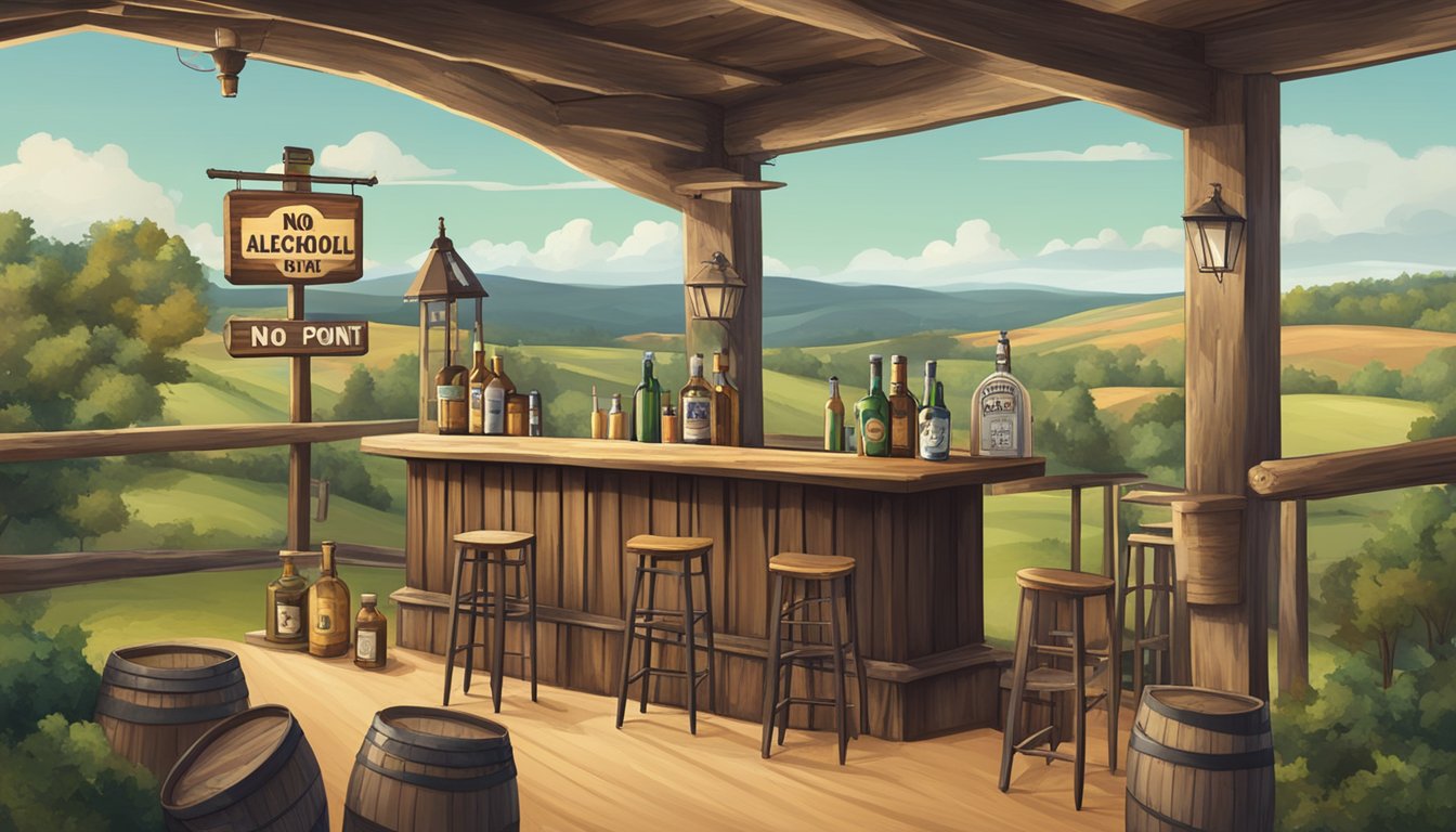 A rustic bar with a "No Alcohol Beyond This Point" sign, surrounded by rolling hills and a small town in the background