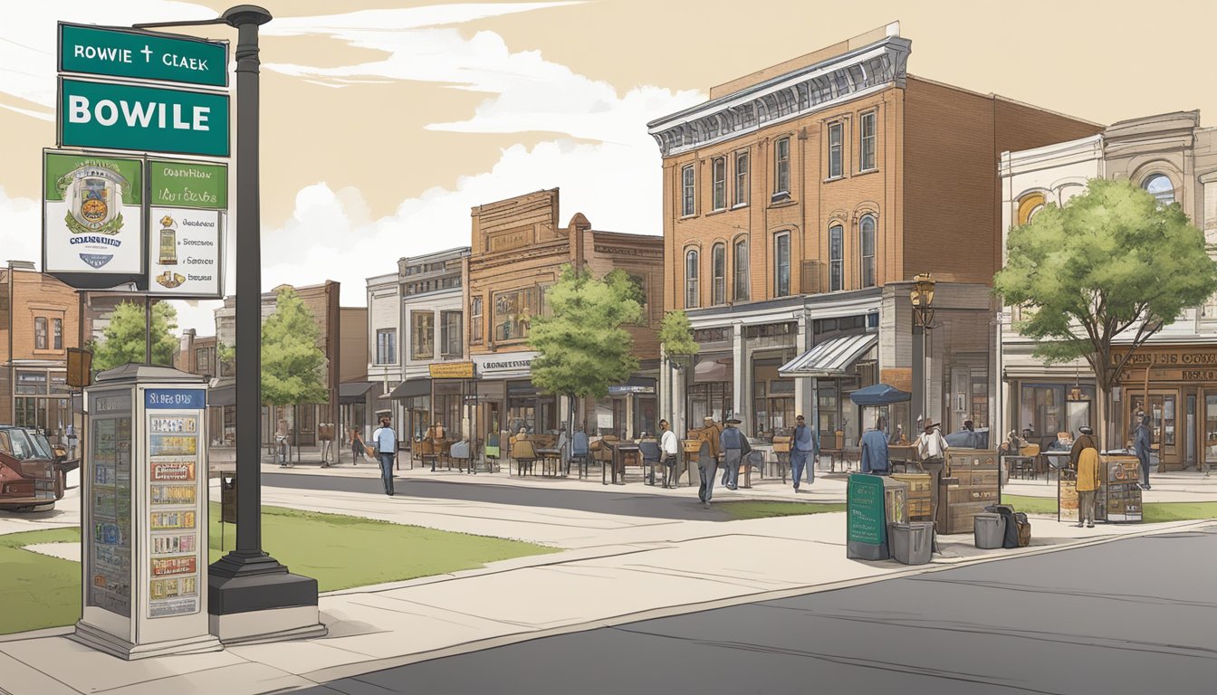 A bustling town square with diverse architecture, featuring signs displaying varying alcohol regulations for different municipalities in Bowie County, Texas