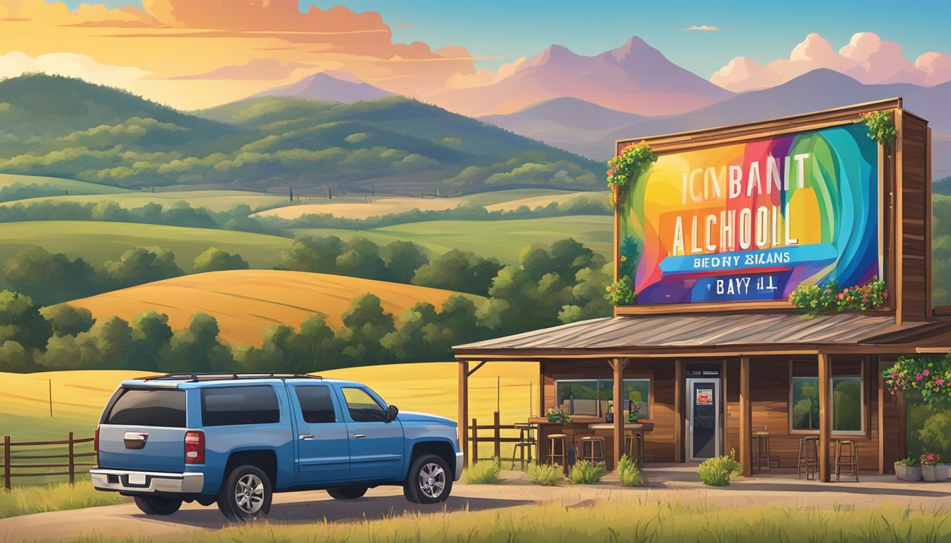 A vibrant billboard promoting alcohol stands tall against a backdrop of rolling hills in Clay County, Texas. Nearby, a colorful bar sign catches the eye of passersby