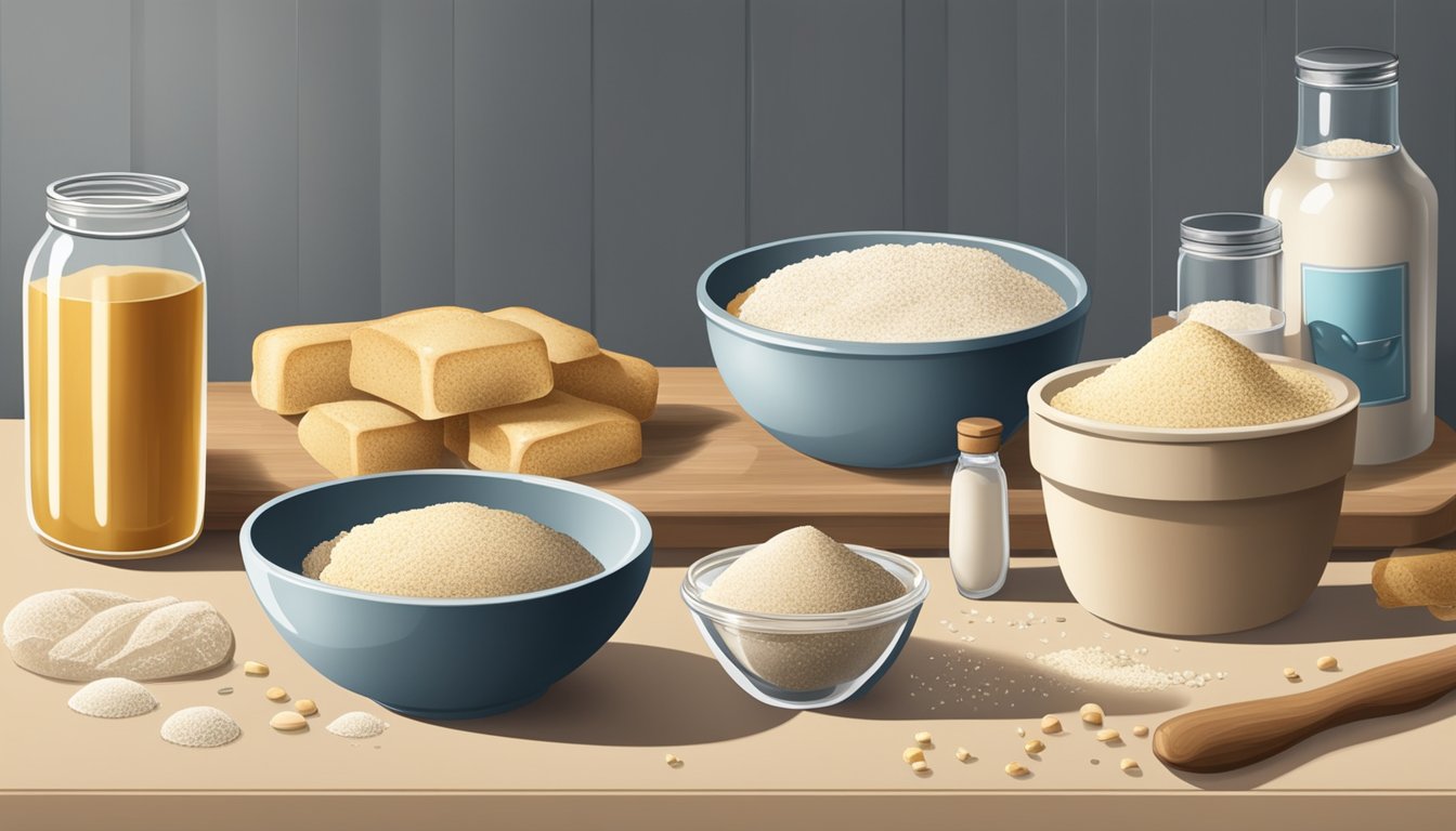 A kitchen counter with a packet of frozen yeast next to a bowl of fresh yeast, surrounded by various baking ingredients and utensils