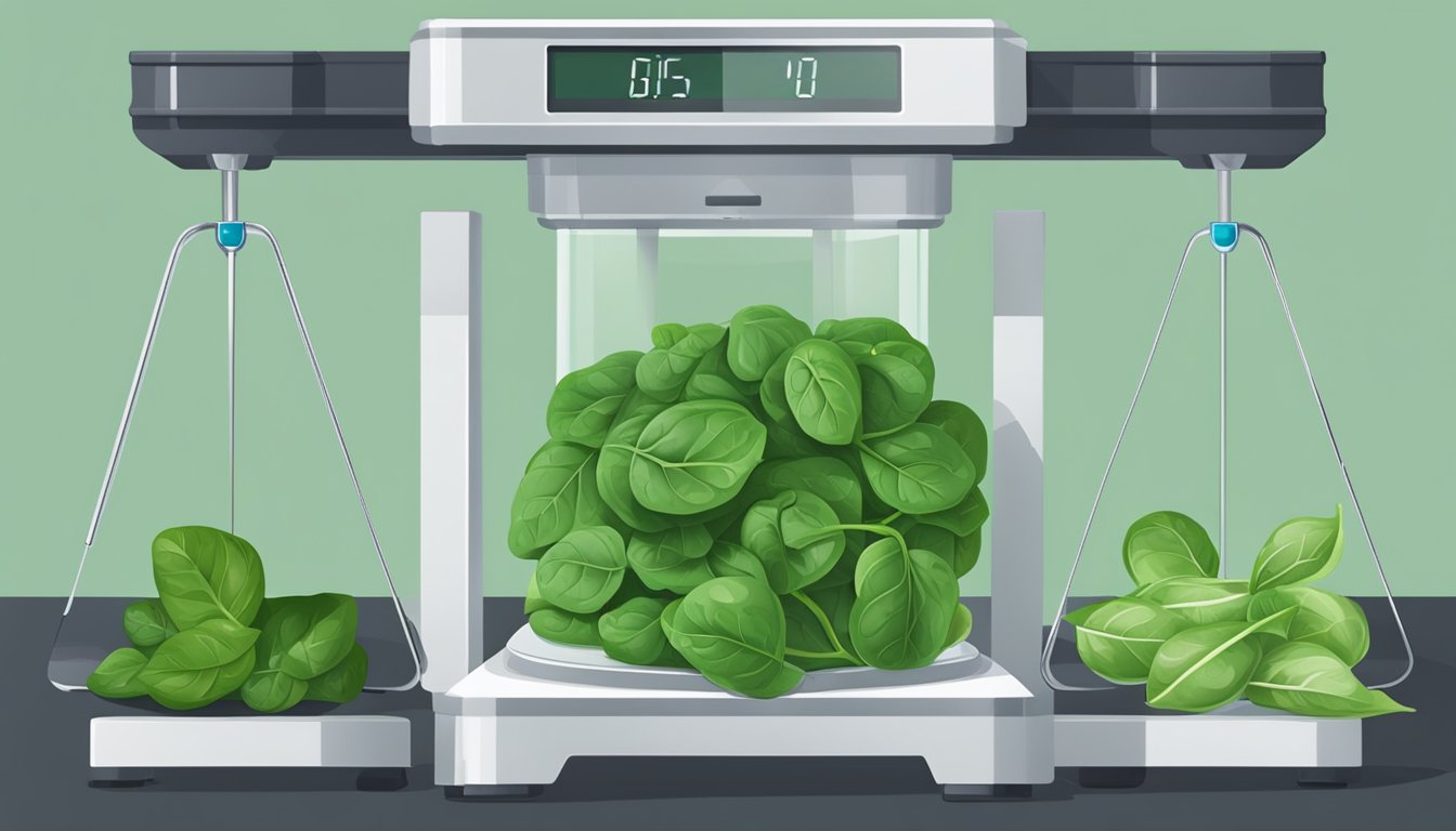 A scale with fresh and frozen spinach on opposite sides, showcasing the weight difference between the two types of leafy greens