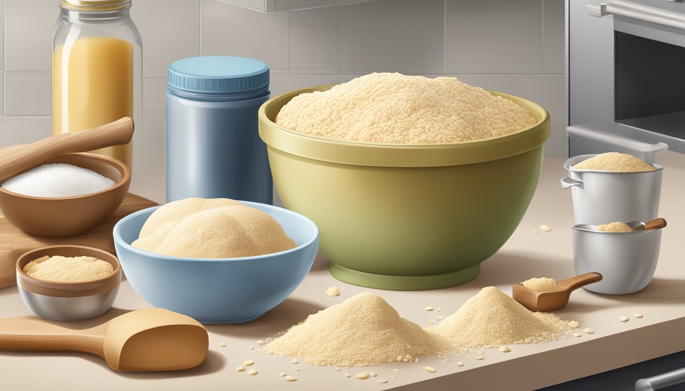 A kitchen counter with a package of frozen yeast next to a bowl of fresh yeast, surrounded by various baking ingredients and utensils