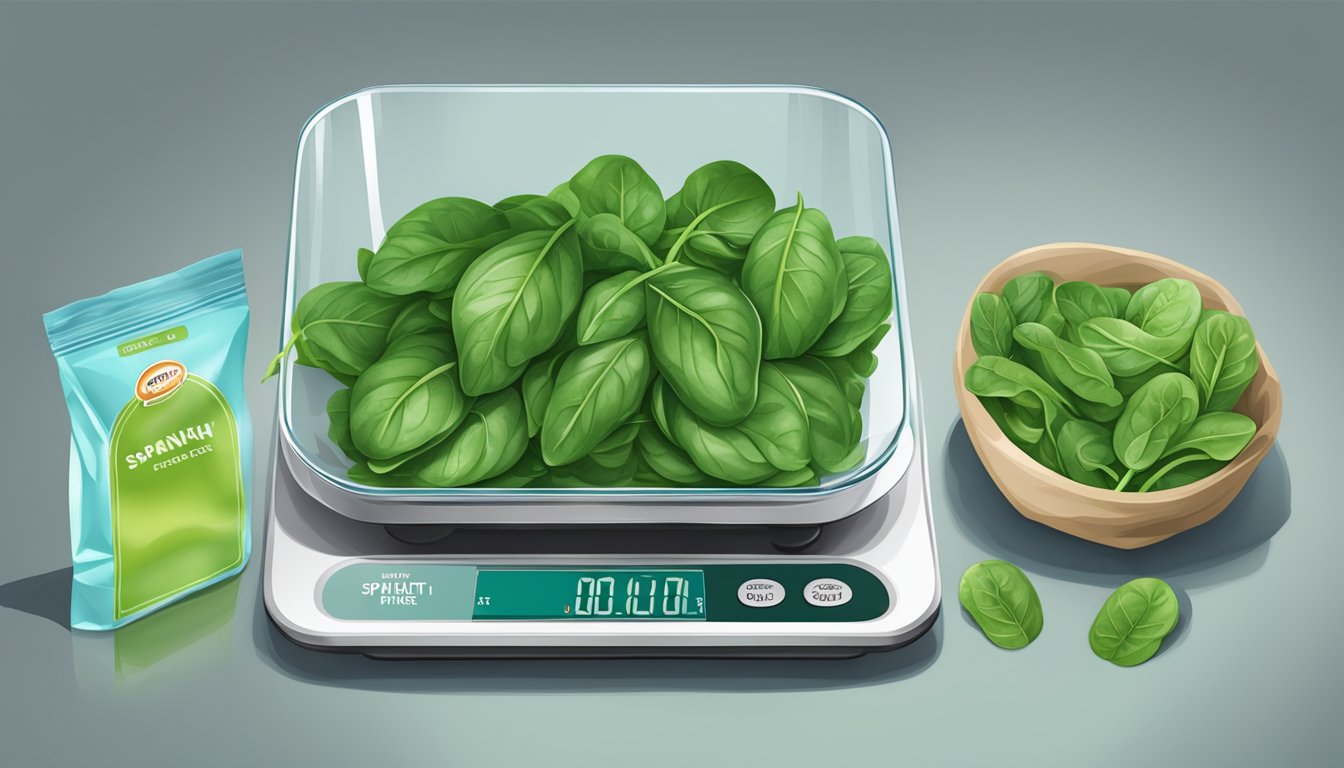 A kitchen scale with a pile of fresh spinach on one side and a bag of frozen spinach on the other, showing the weight difference