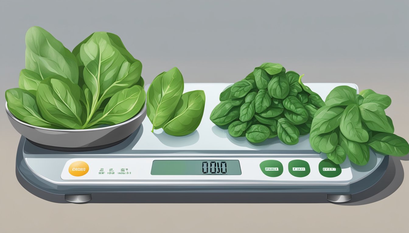 A scale displaying the weight of frozen and fresh spinach side by side, with a pile of each next to the scale