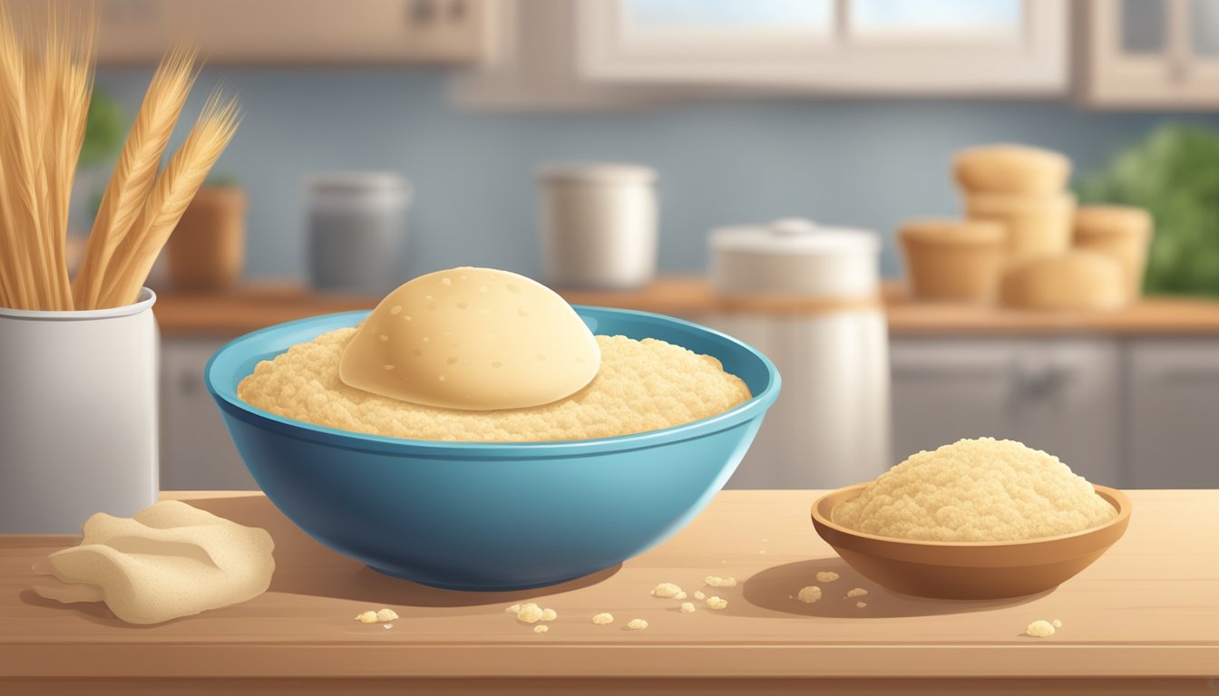 A bowl of dough rising with yeast. Fresh and frozen yeast packets nearby. A pleasant aroma fills the kitchen