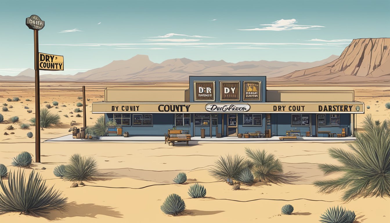 A barren desert landscape with a "Dry County" sign and a contrast of neighboring counties with bustling bars and liquor stores